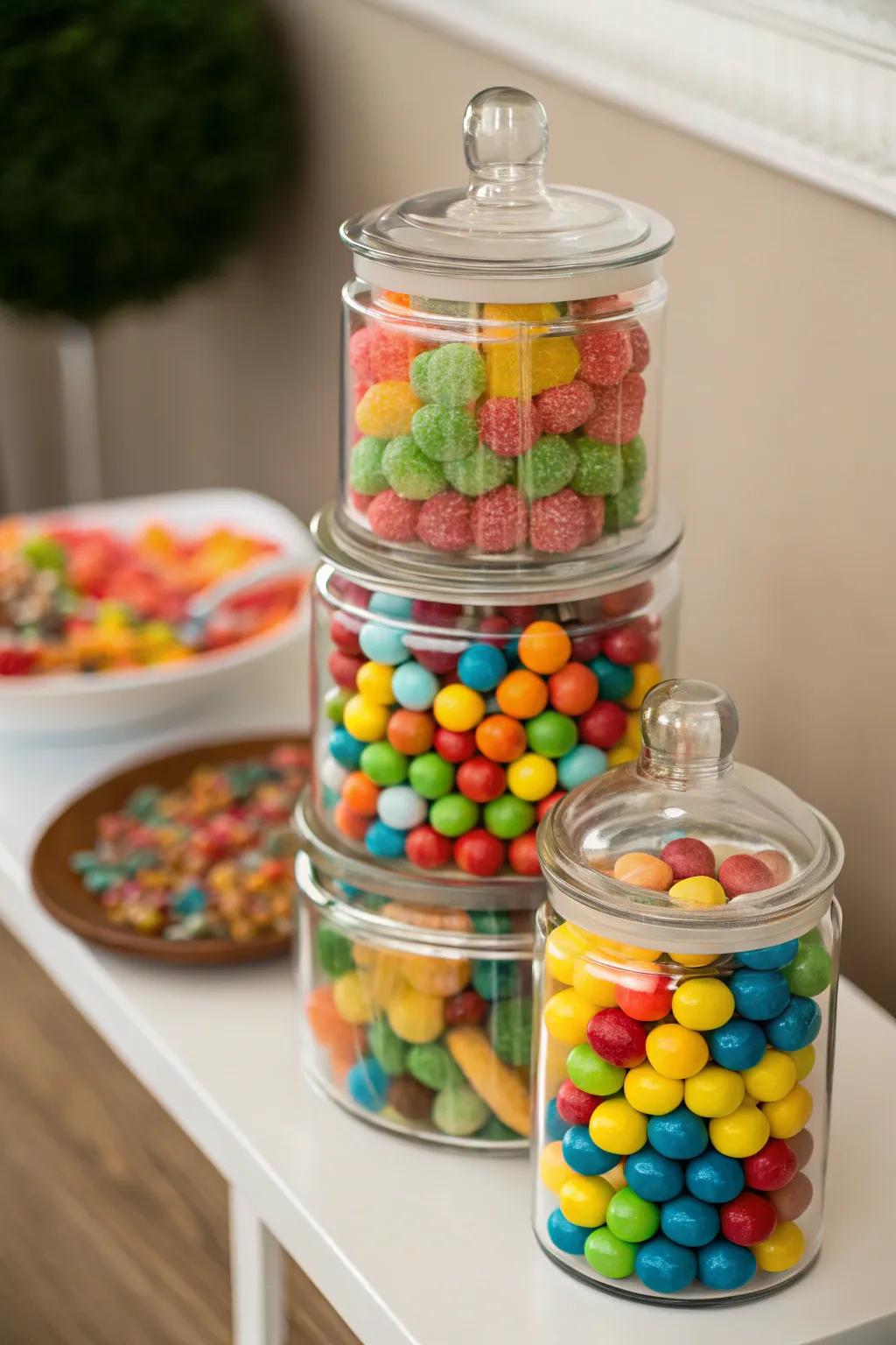 A tower of candy jars offers both decoration and delightful treats.