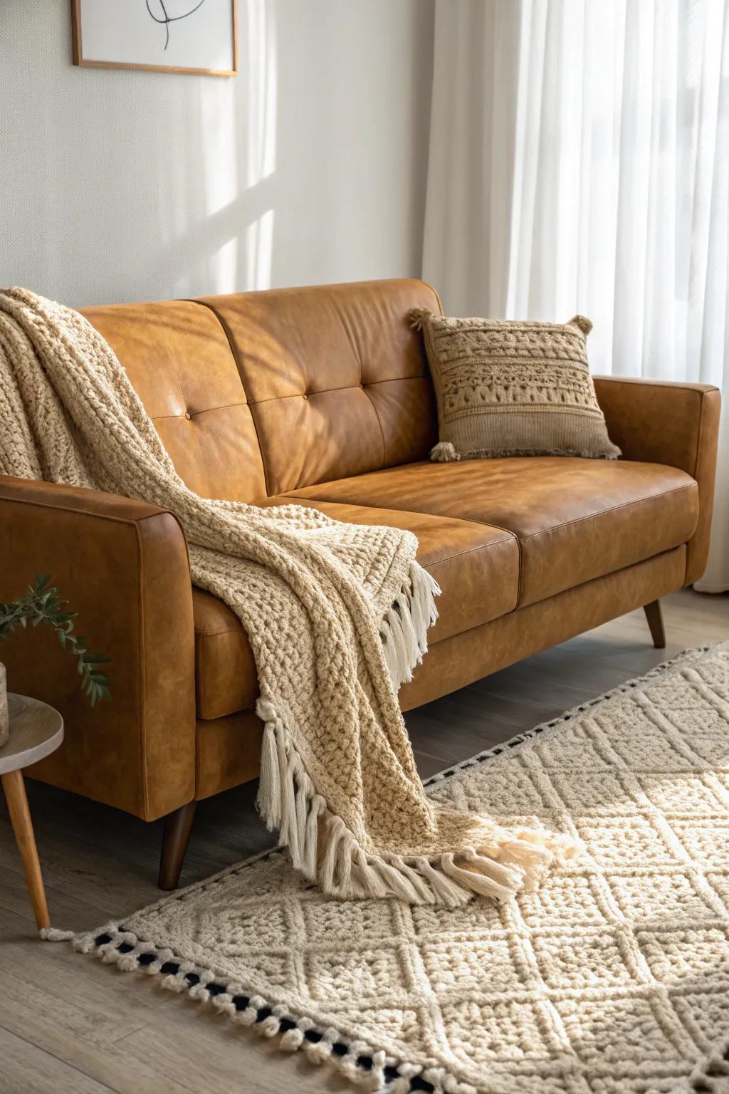 Textured accents add depth to a caramel couch setting.