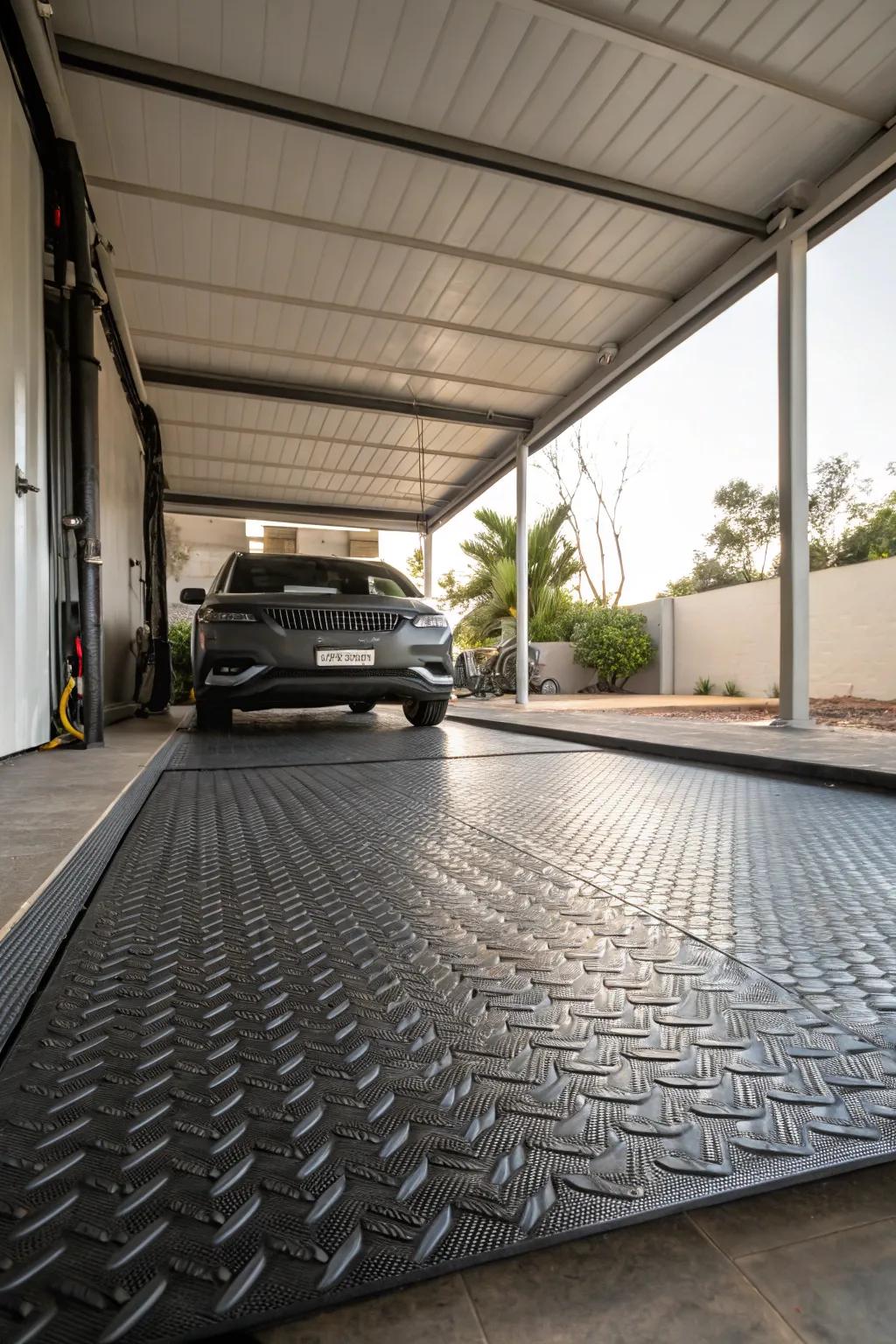 Roll-out mats provide quick, protective flooring for your carport.