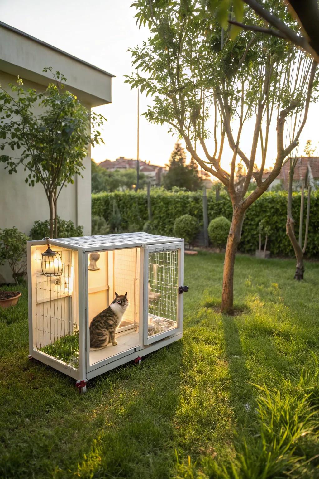 A portable cat enclosure that allows for easy repositioning and versatile use.