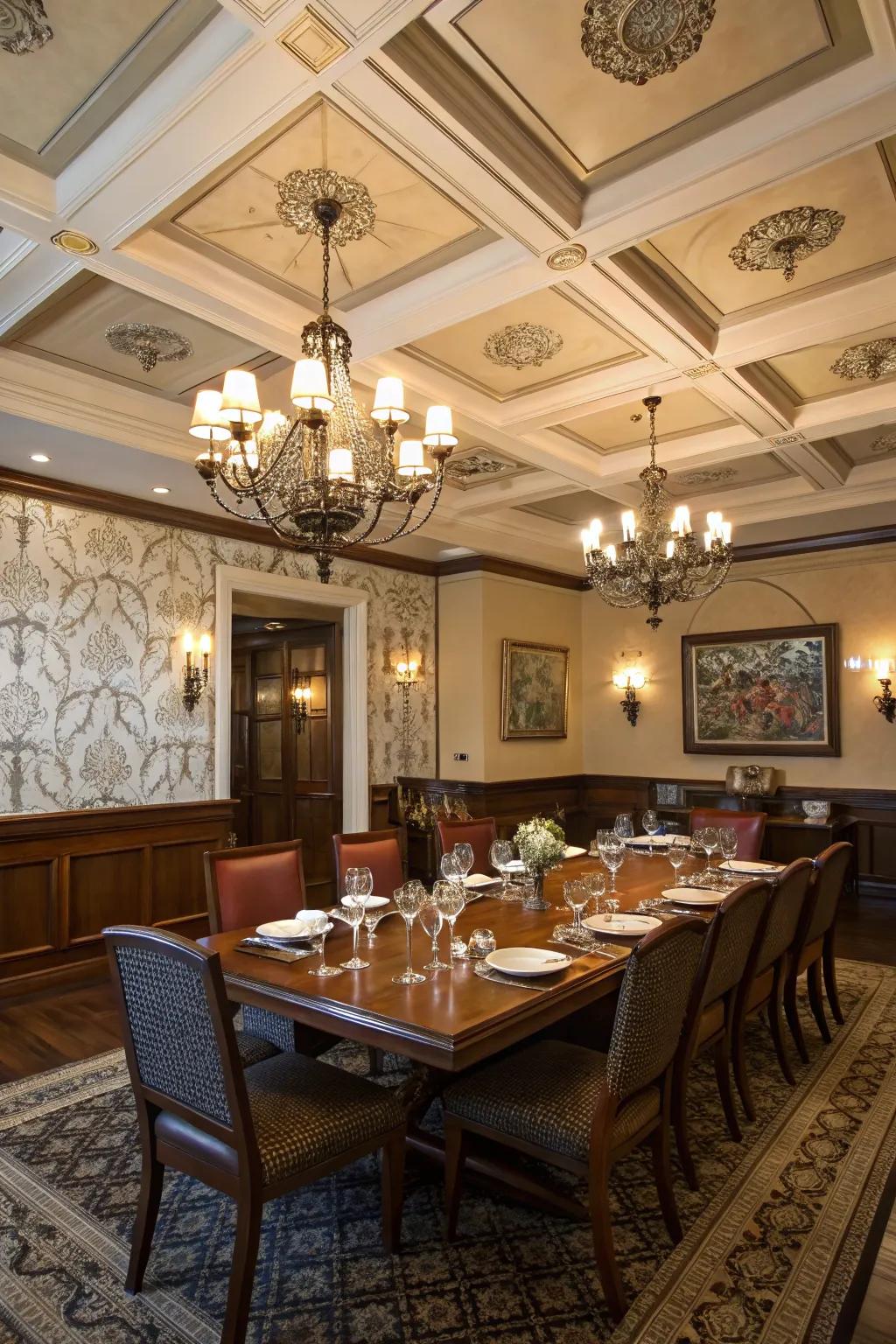 Elevate your dining space with a textured coffered ceiling.