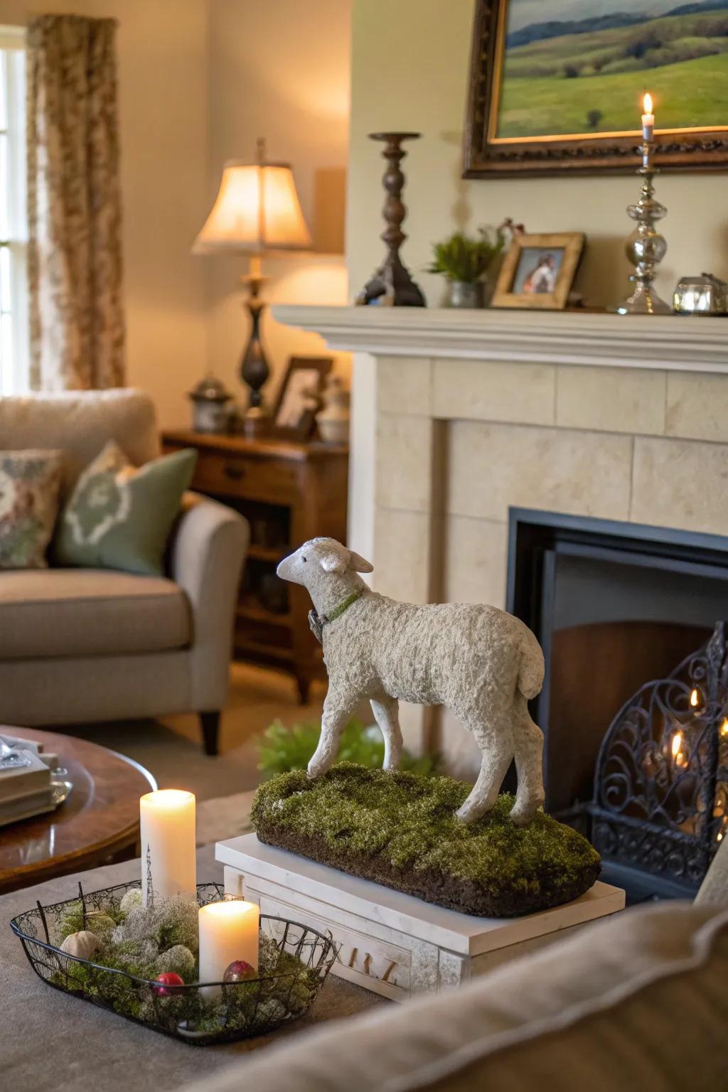 A pastoral lamb sculpture enriches your fireplace area with a serene atmosphere.