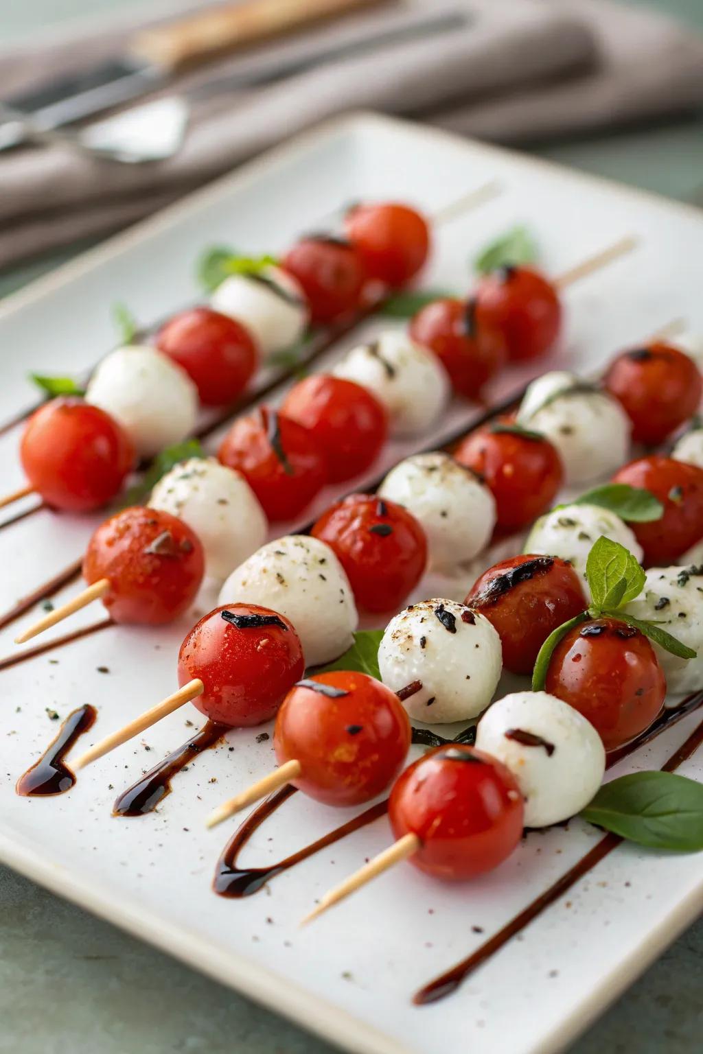 Colorful cherry tomato and mozzarella skewers perfect for a red party.