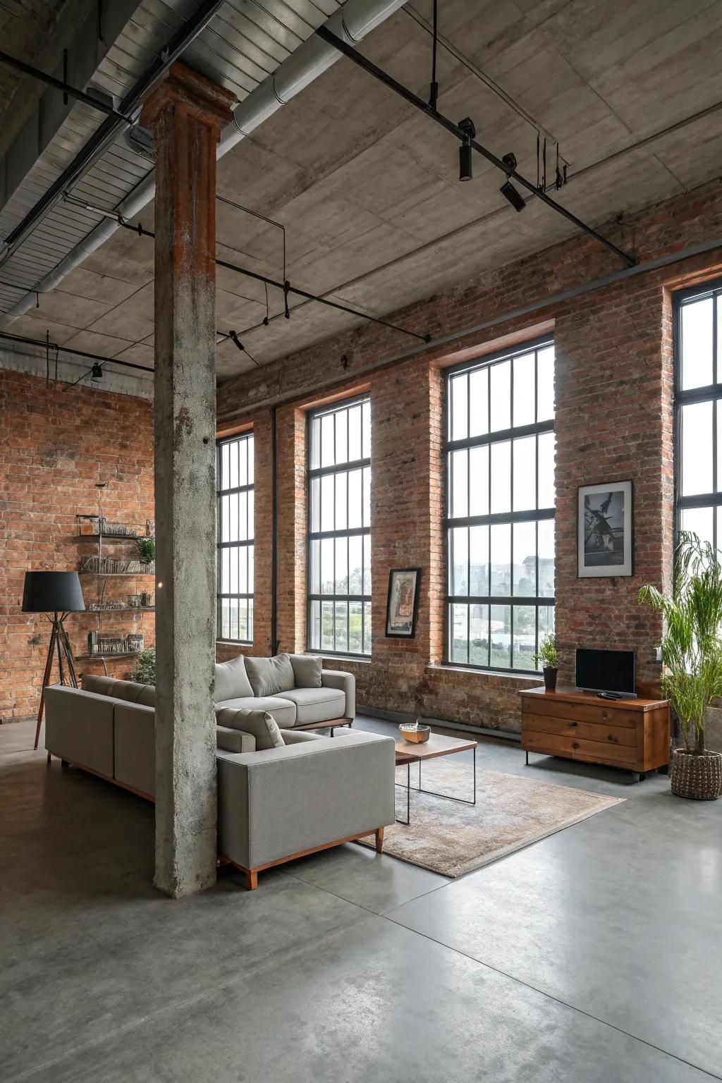 Industrial charm is achieved with concrete floors and exposed brick accents.