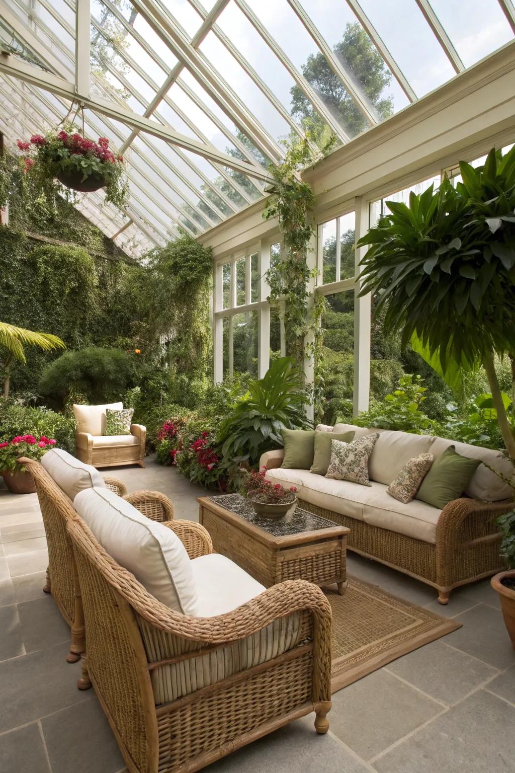 A cozy seating arrangement in a conservatory featuring plush sofas and wicker chairs.