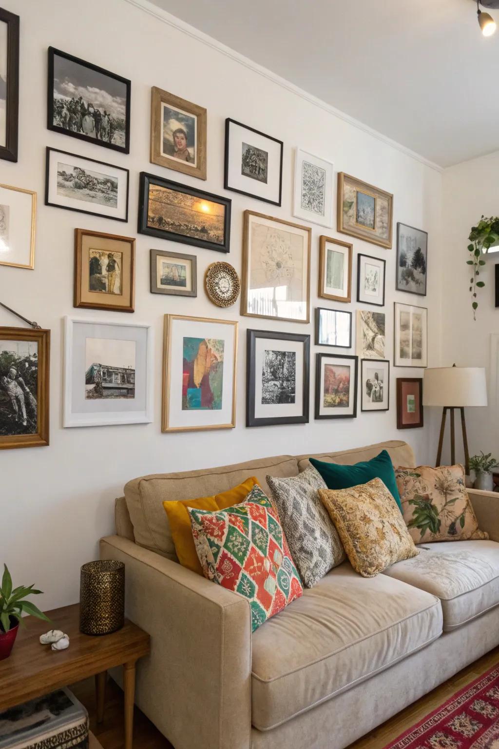 A personalized gallery wall displaying cherished memories and art