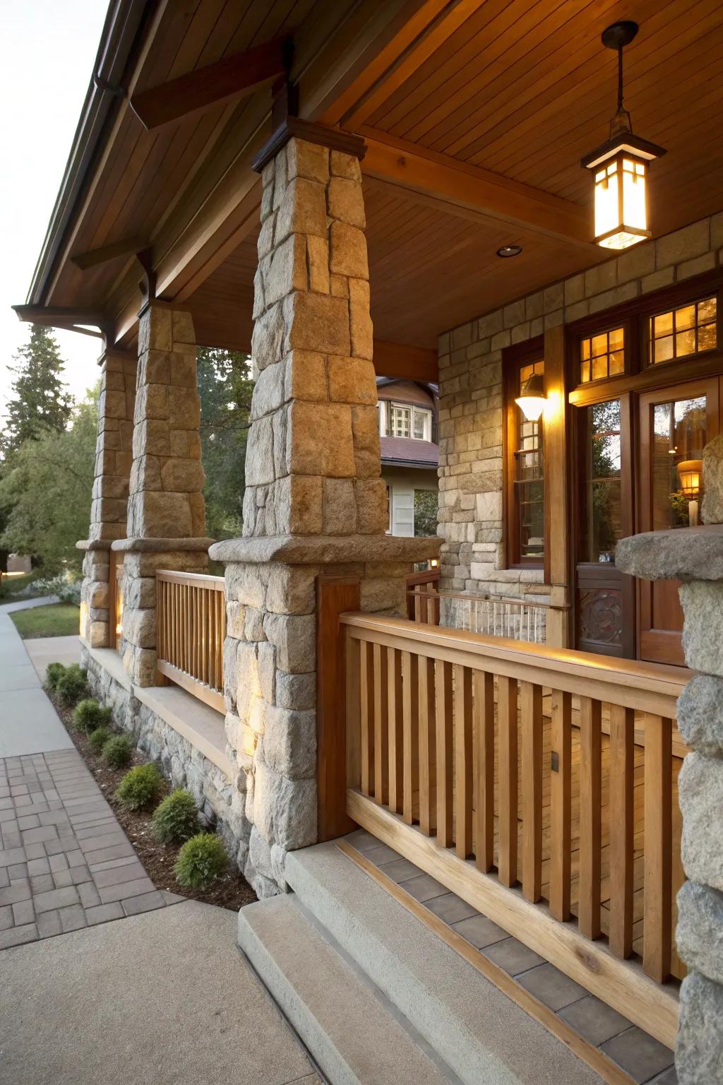 Stone and wood create a harmonious Craftsman porch aesthetic.