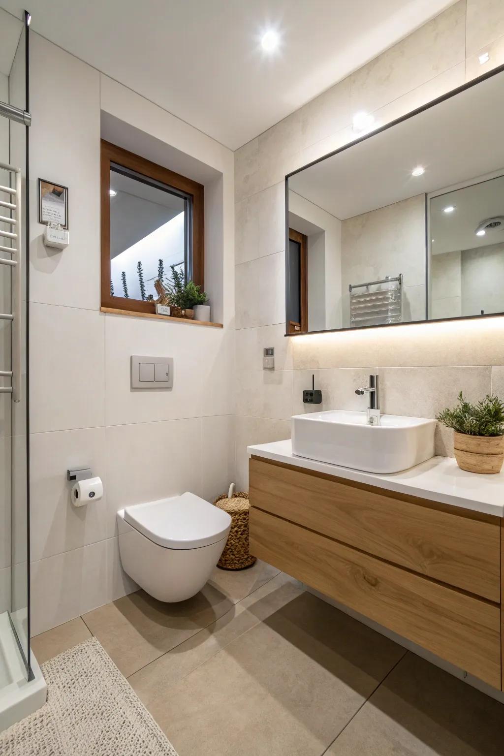 A bathroom that uses floating fixtures to create an expanded sense of space.