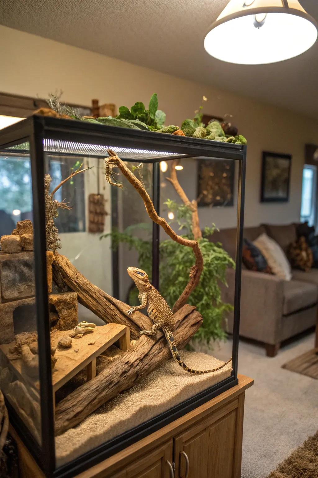 A tank designed with multiple climbing features for an active bearded dragon.