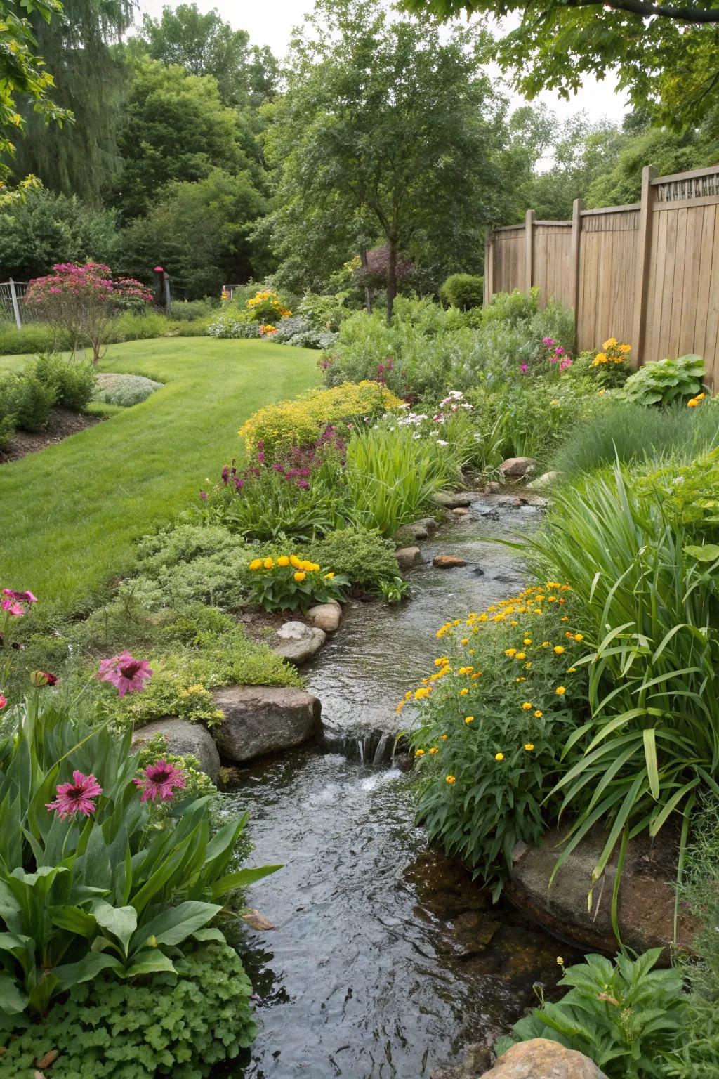Abundant greenery brings energy and vitality to your creekside landscape.