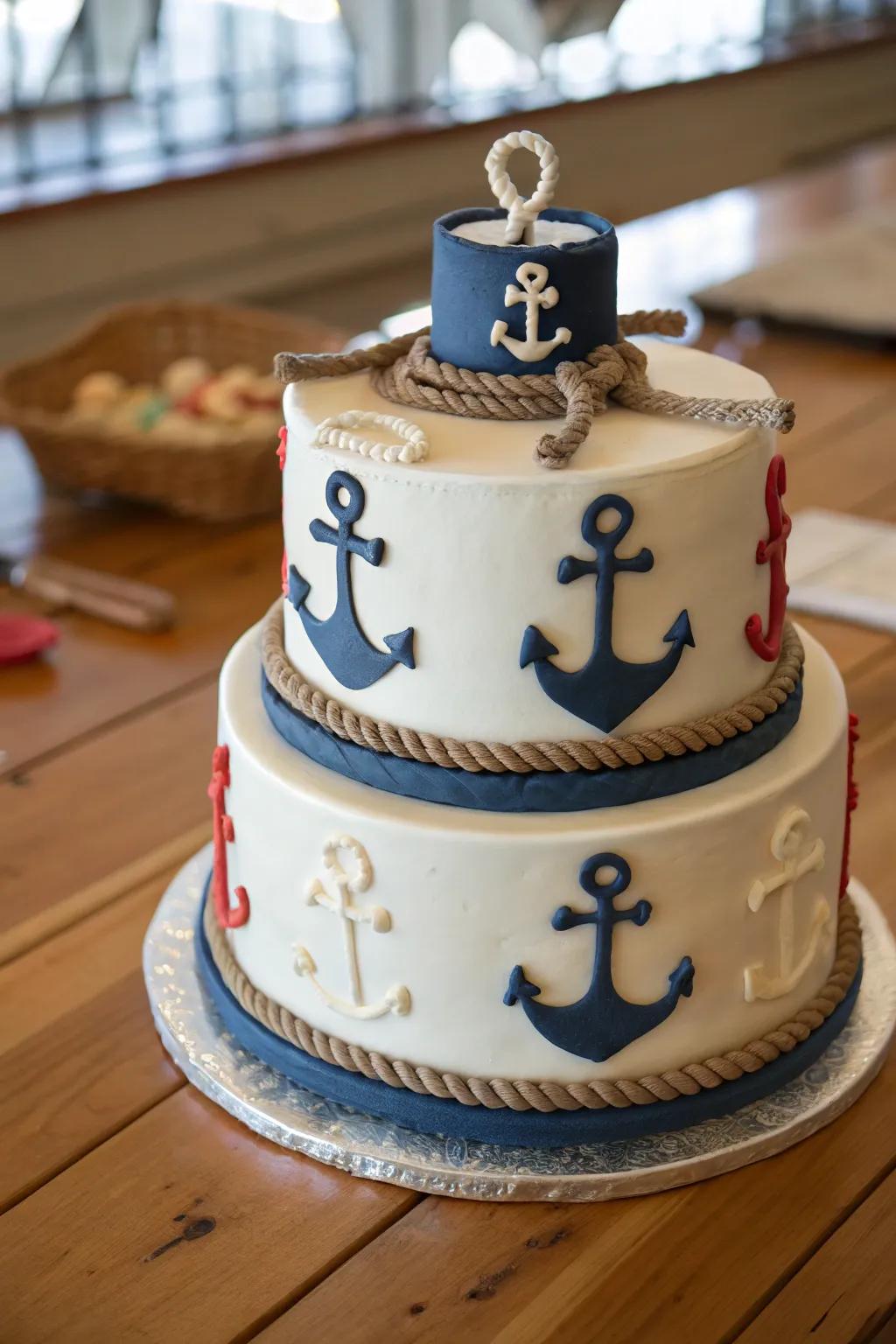 Nautical details like anchors and ropes add charm to this cake.