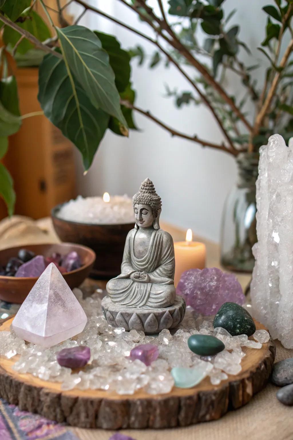 Spiritual icons add depth to this crystal altar.