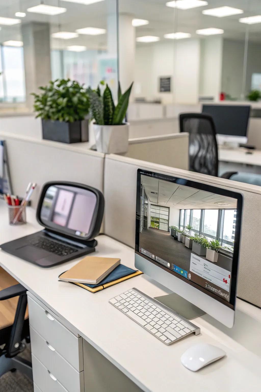 A clip-on mirror provides visibility behind you without taking up desk space.
