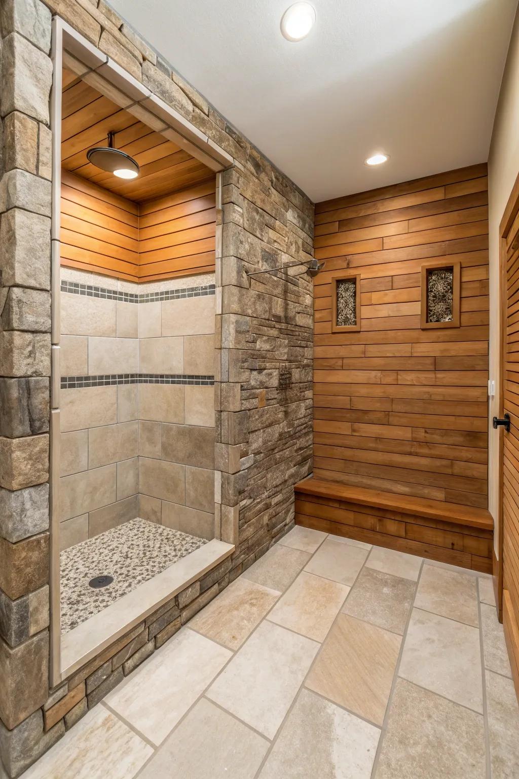 A harmonious blend of materials creates a unique and inviting shower space.