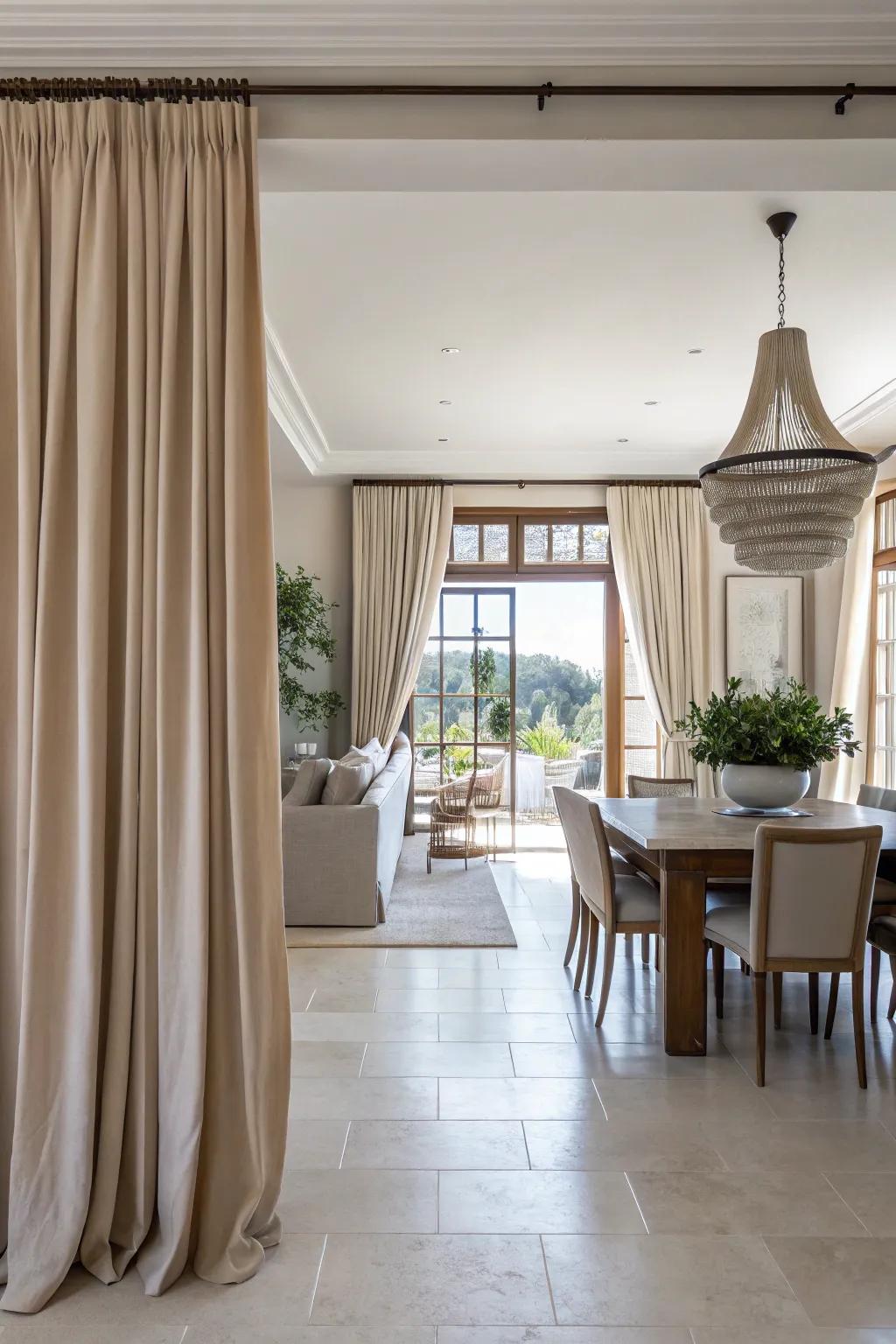 Neutral-toned curtains create distinct zones in an open floor plan.