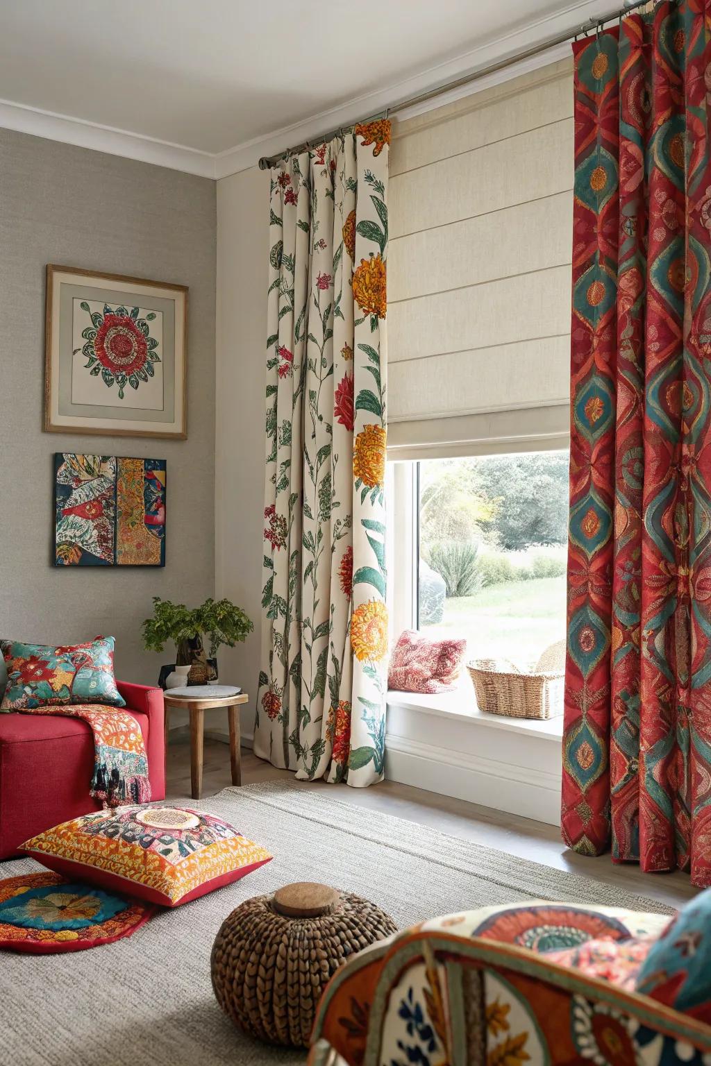 Vibrant motifs layered over understated blinds create a captivating focal point.