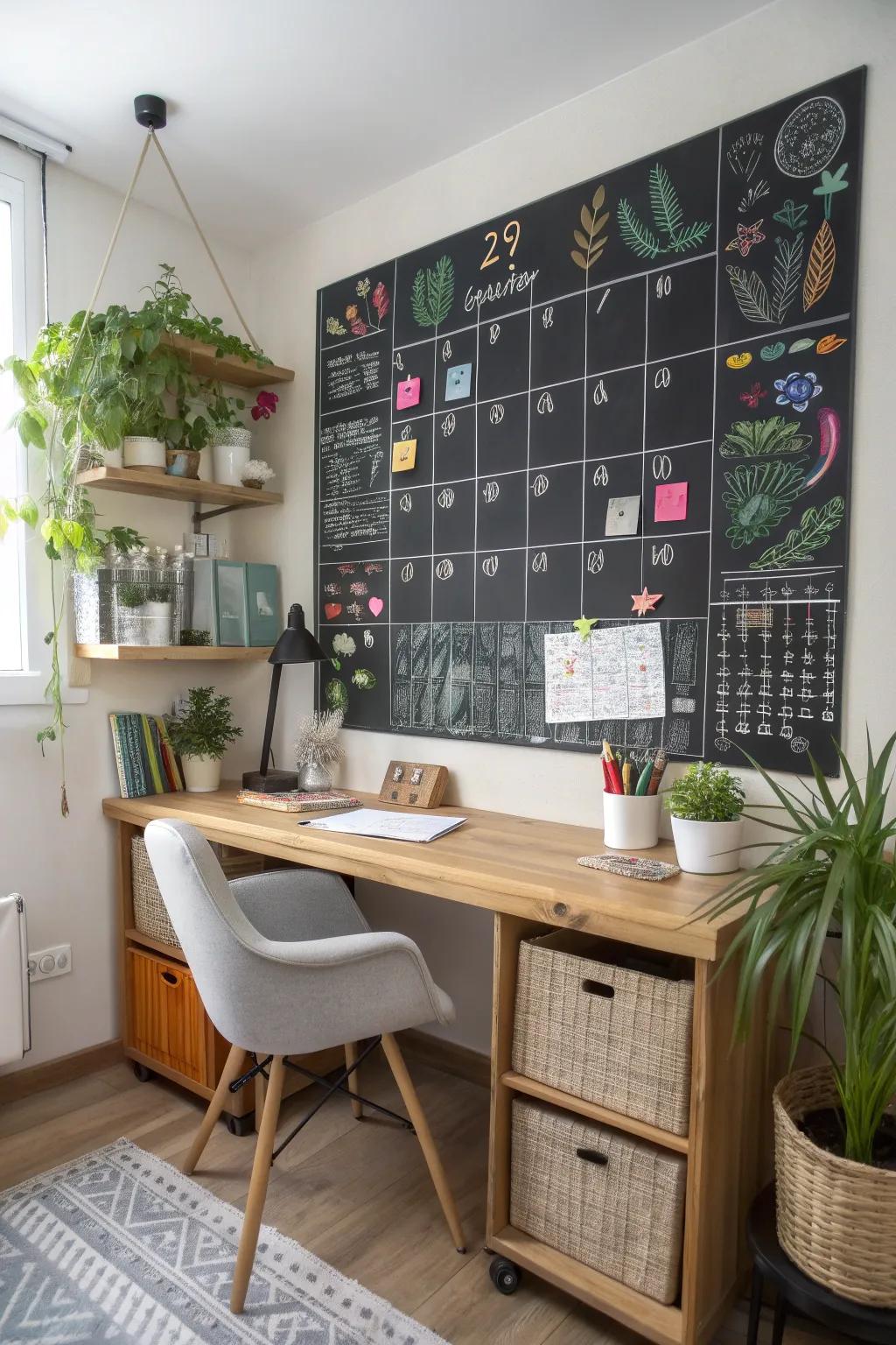 A functional and fun chalkboard calendar in a home office setting.