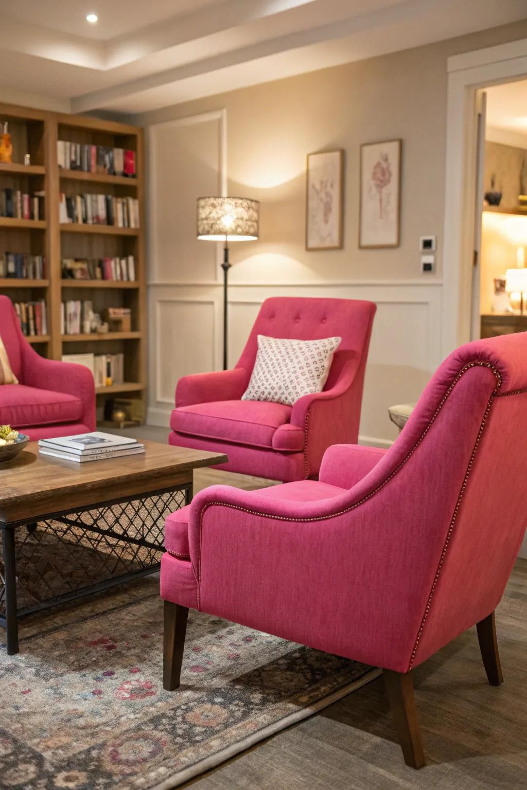 Rose-colored supporting chairs introduce a burst of hue and comfort to the lounge area.