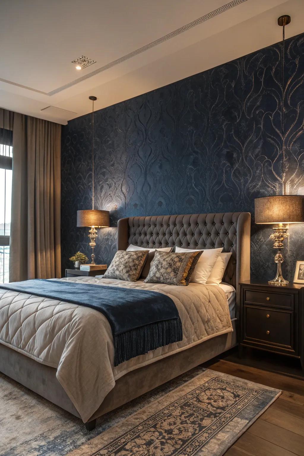 Textured dark blue wallpaper adds depth to your space.