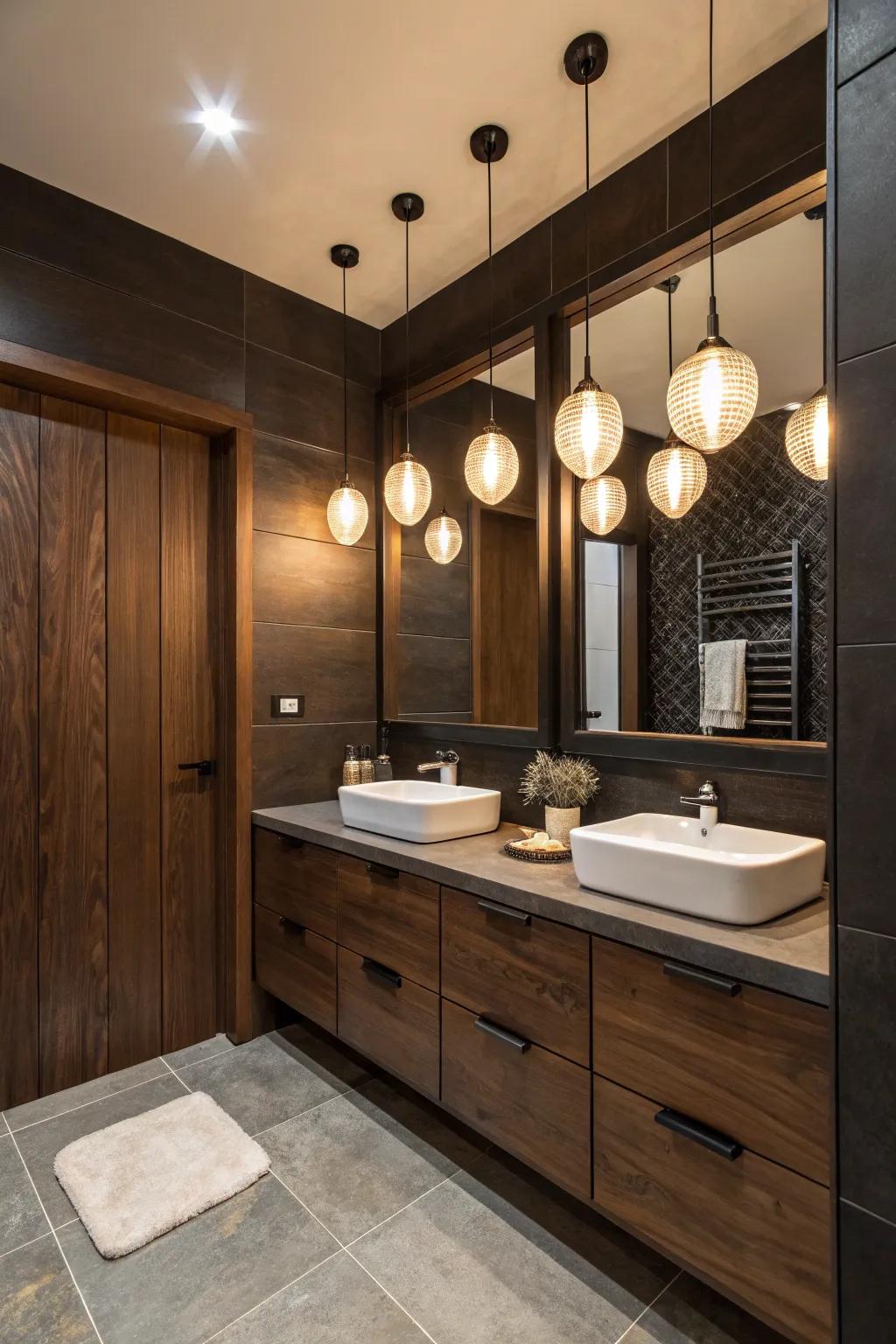 Warm lighting accentuates the dark wood features in this bathroom.