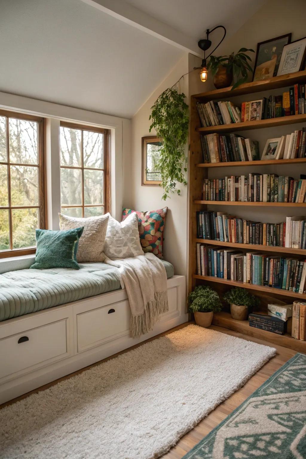 A cozy reading nook featuring a daybed, ideal for book lovers.