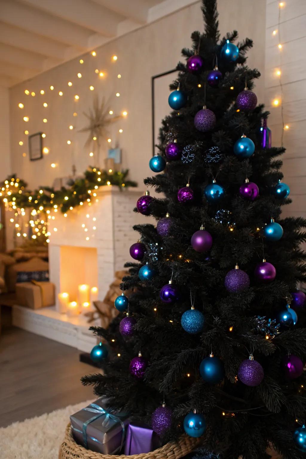 A bold black Christmas tree with colorful ornaments.