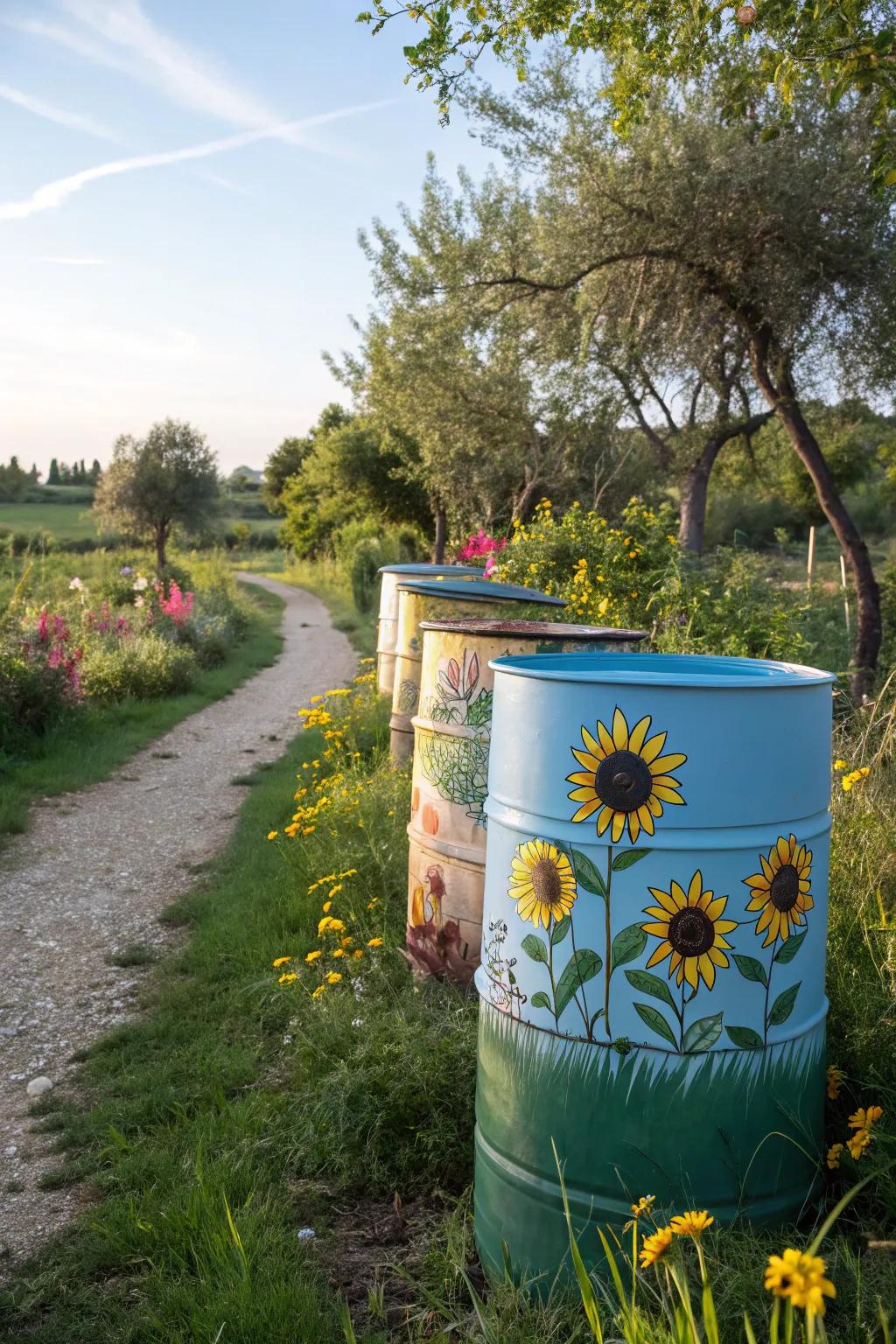 Nature-themed painted barrels