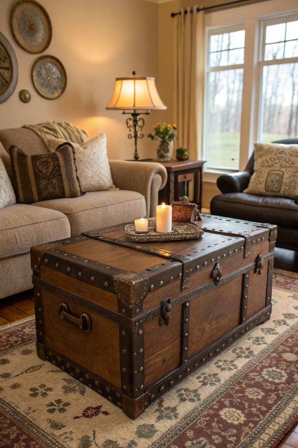 A heritage chest introduces both flair and functionality as a center table.