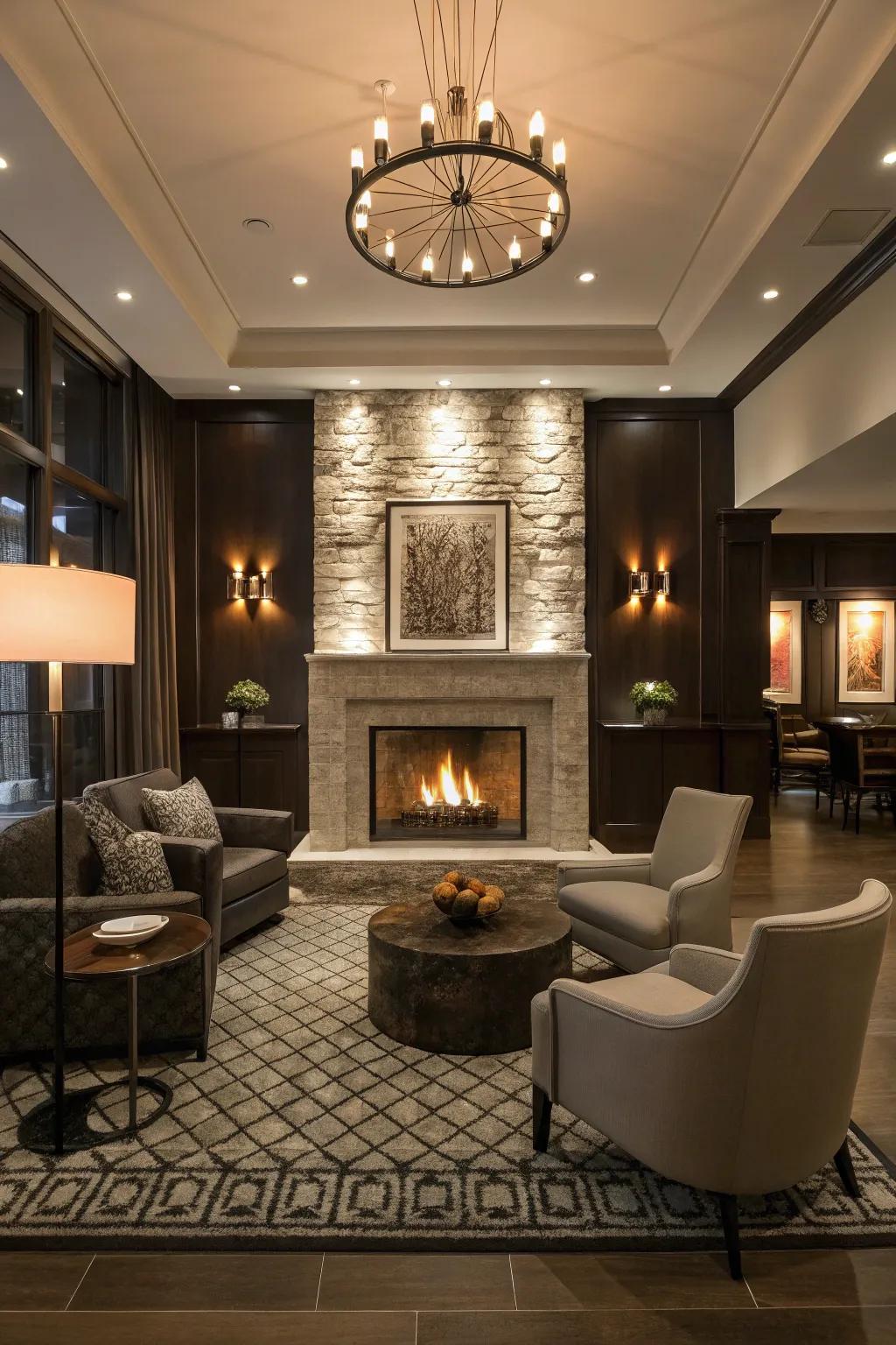 A central fireplace adds warmth and charm.