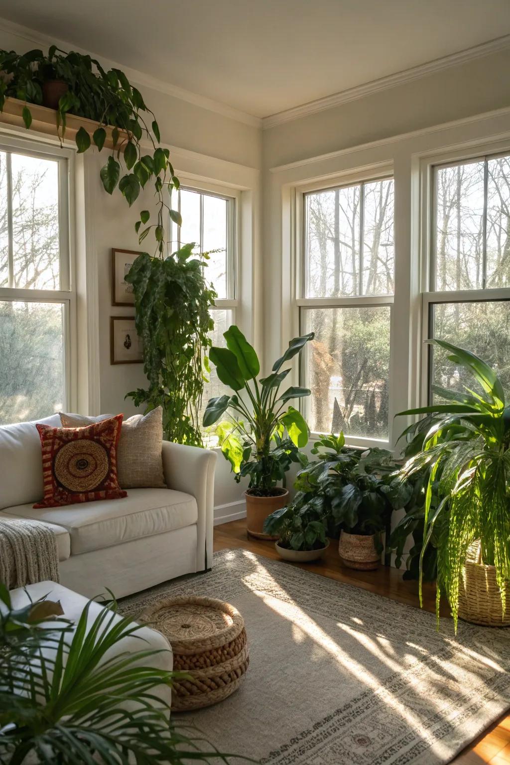 A bright and airy room enhanced with natural elements and lush greenery.