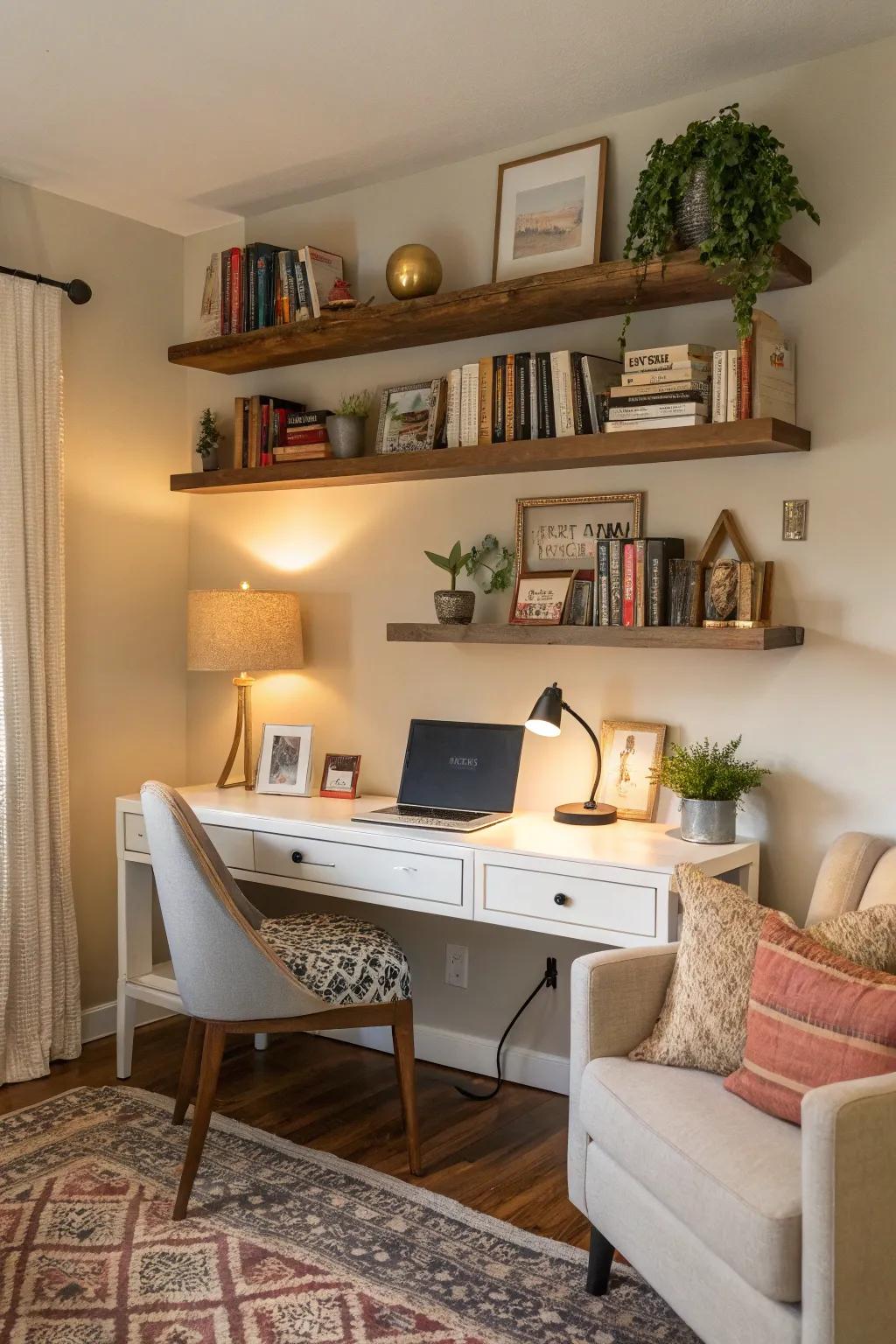 Floating shelves provide stylish storage solutions for living room workspaces.