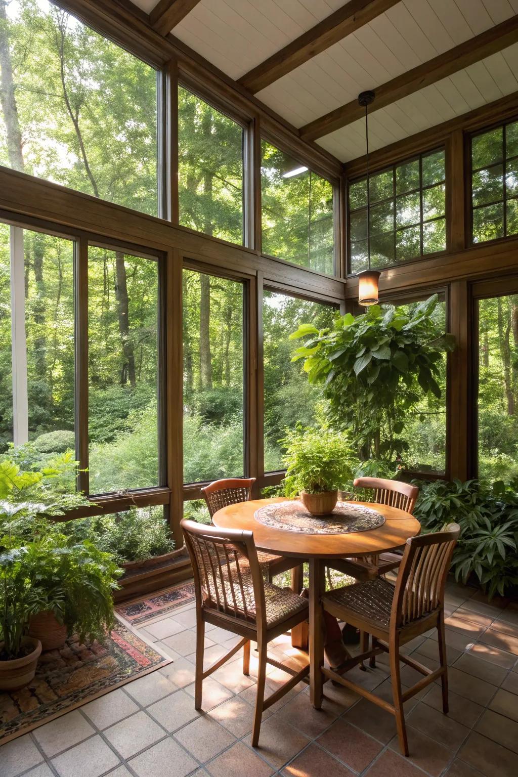 A sunroom provides a serene setting for dining.