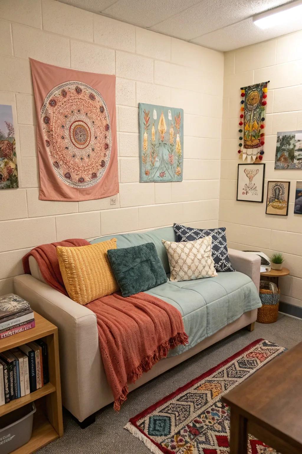 A color-coordinated couch adds to the harmony of this dorm room.