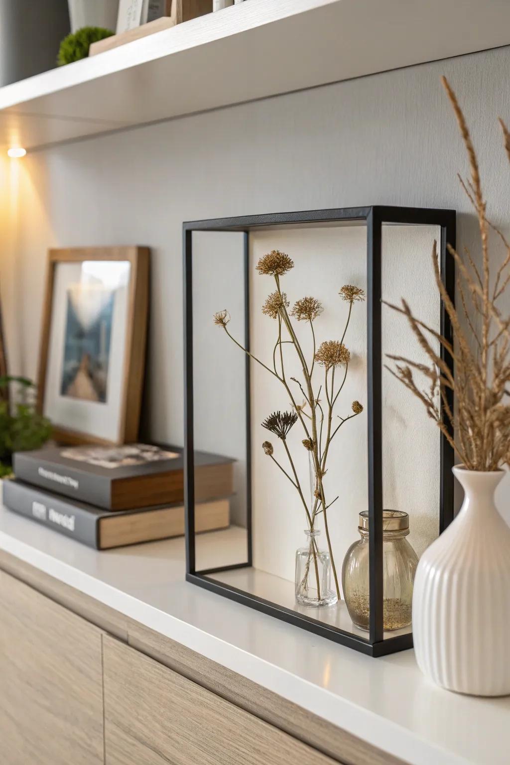 Embrace simplicity with a minimalist dried flower shadow box.