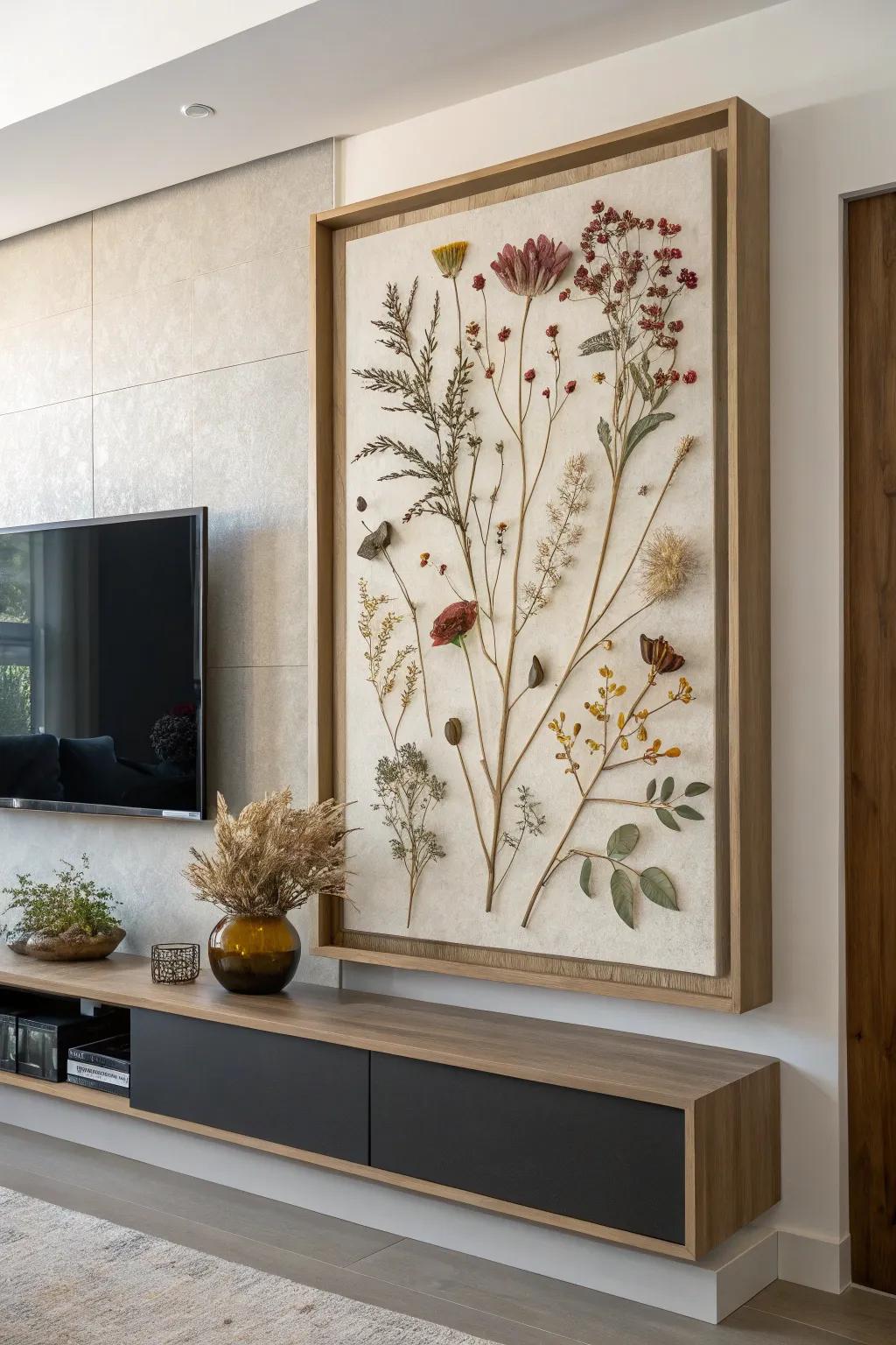 Dried flowers transformed into striking wall art.