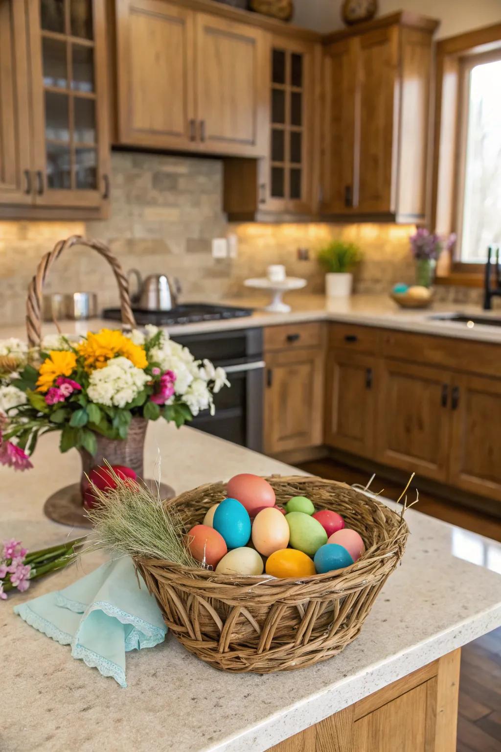 A vibrant display of colorful Easter eggs on the kitchen island.