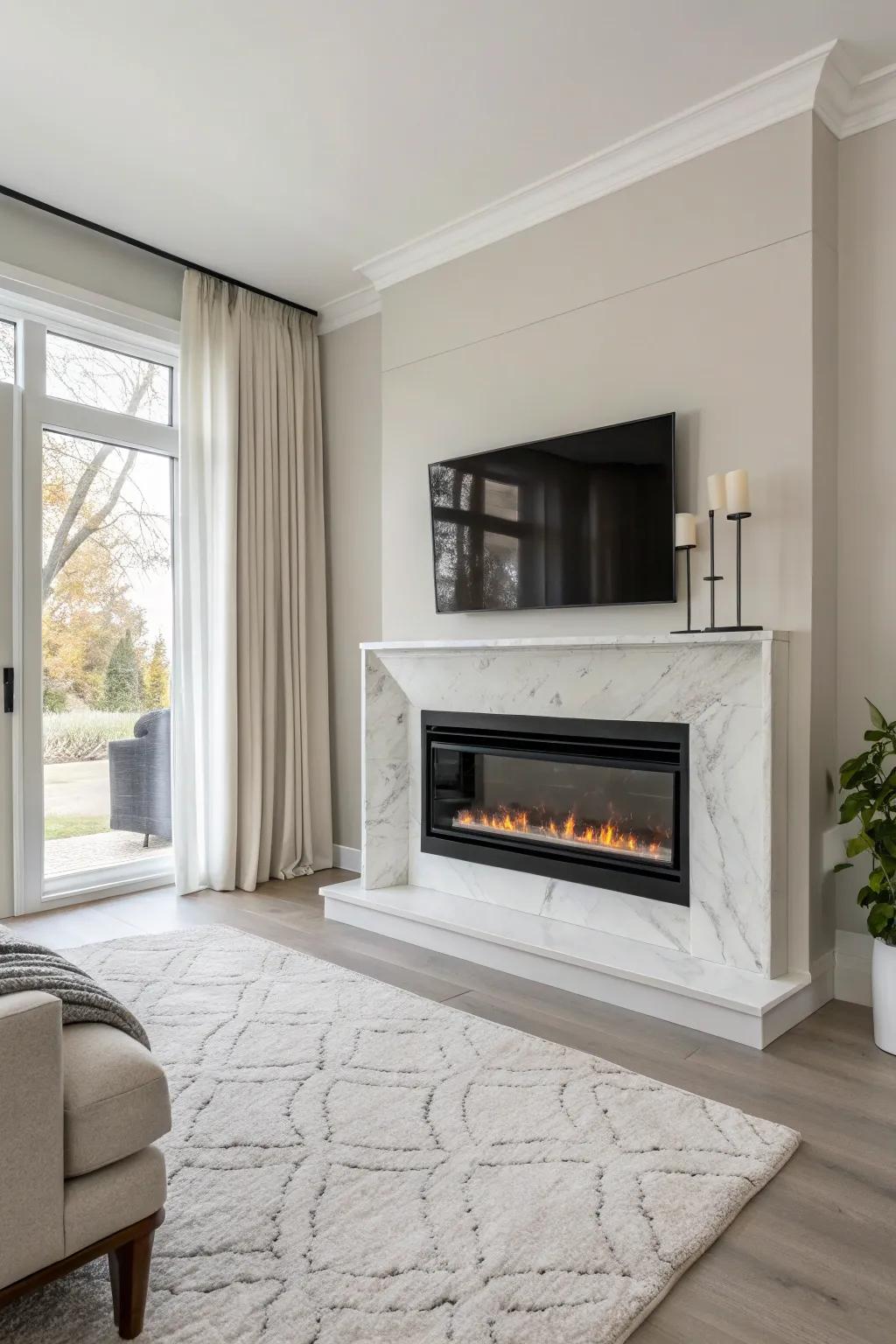 A minimalist approach to decorating with an electric fireplace.