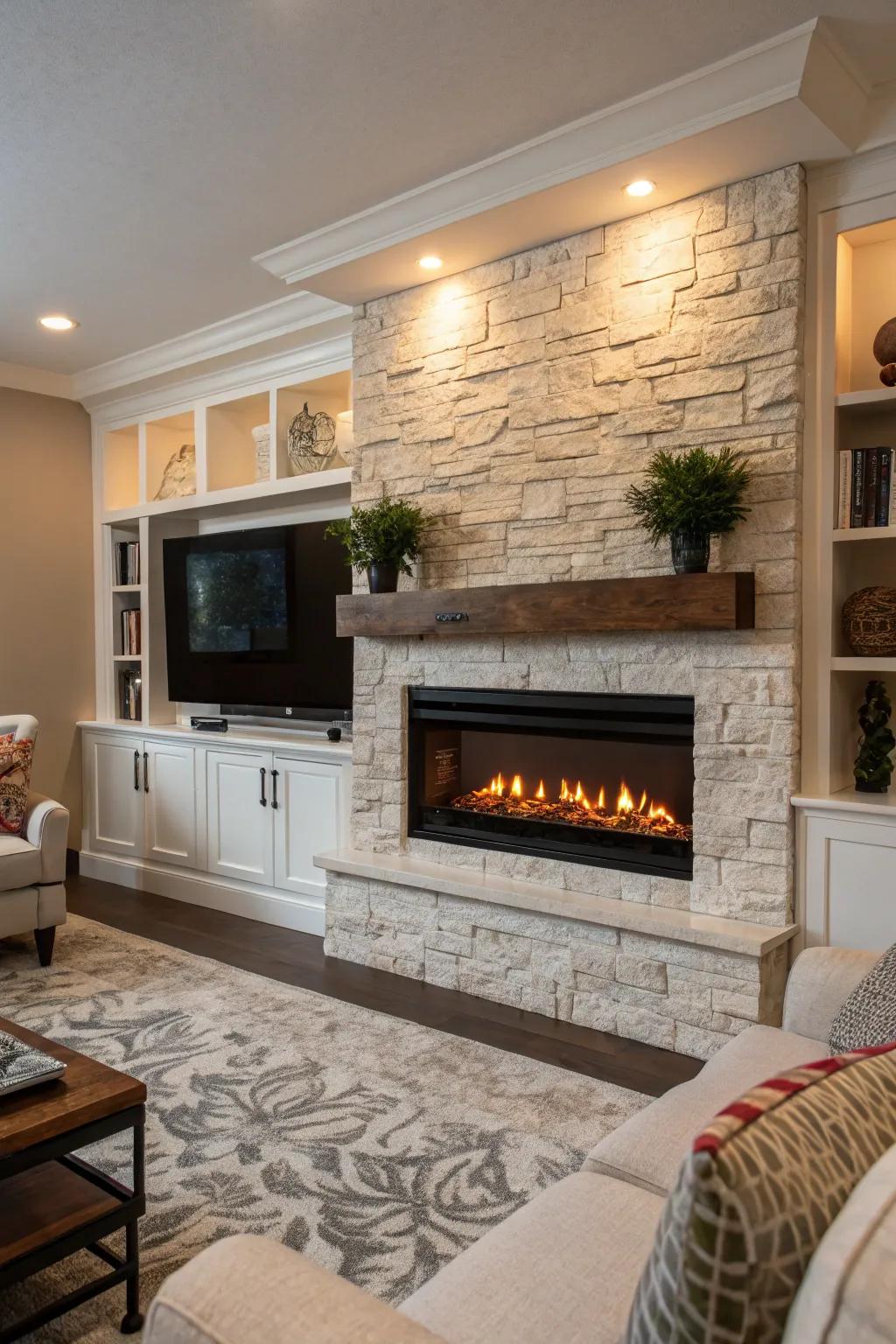 A living room with a built-in electric fireplace seamlessly integrated into the wall.