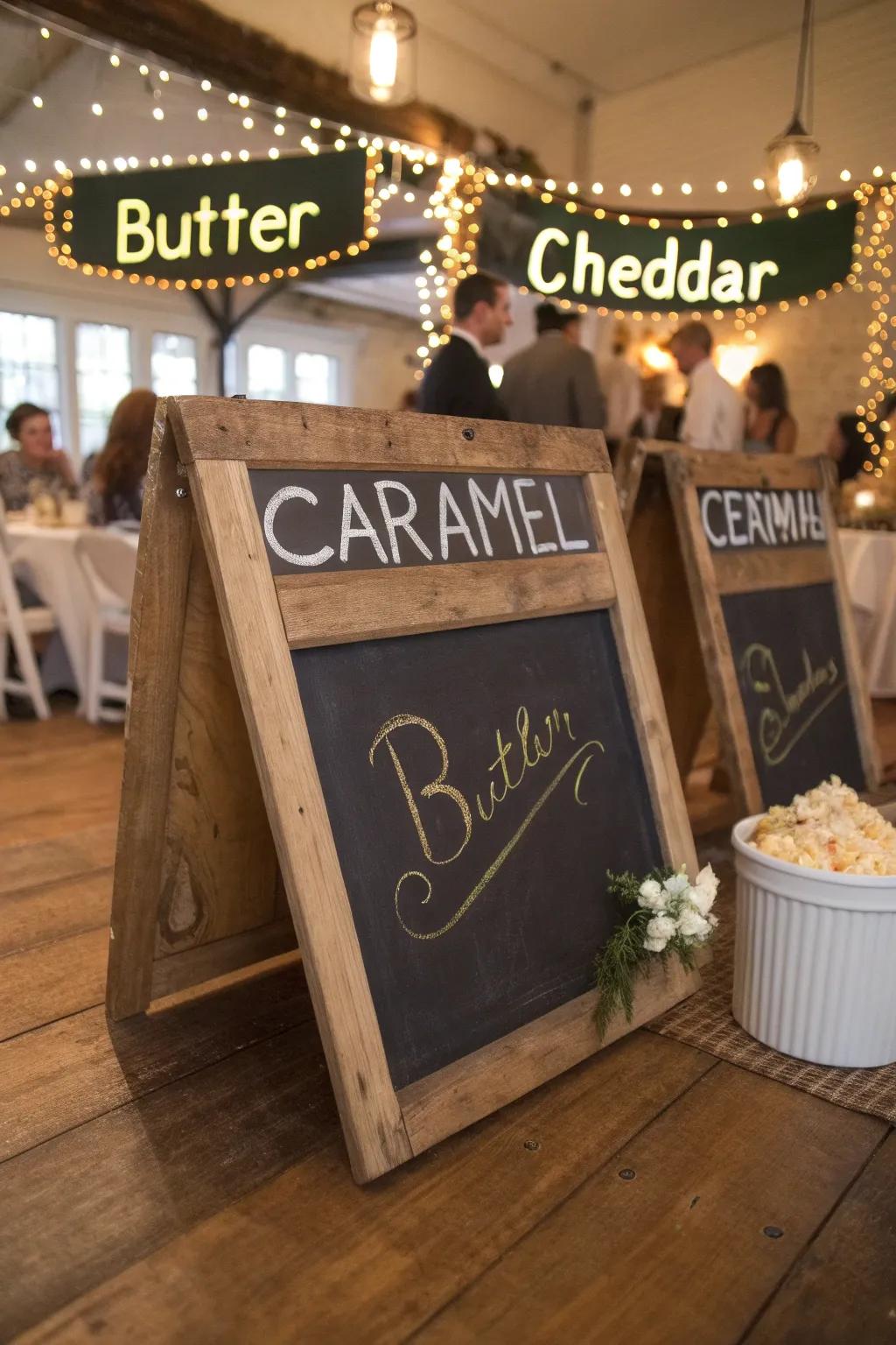 Chalkboard signs elegantly label the popcorn flavors, adding a personal touch to the wedding bar.