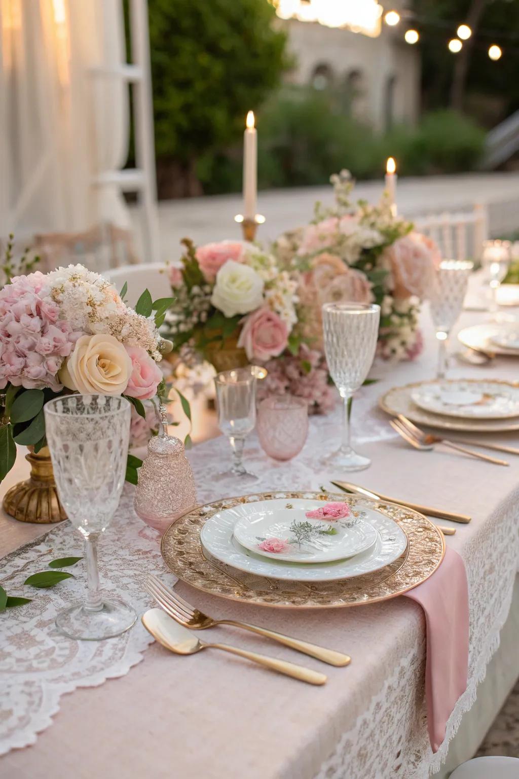 A table setting with a cohesive pastel color scheme.