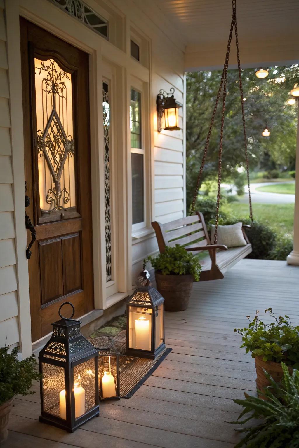 Lanterns provide a warm, welcoming glow to a fall-themed entrance.