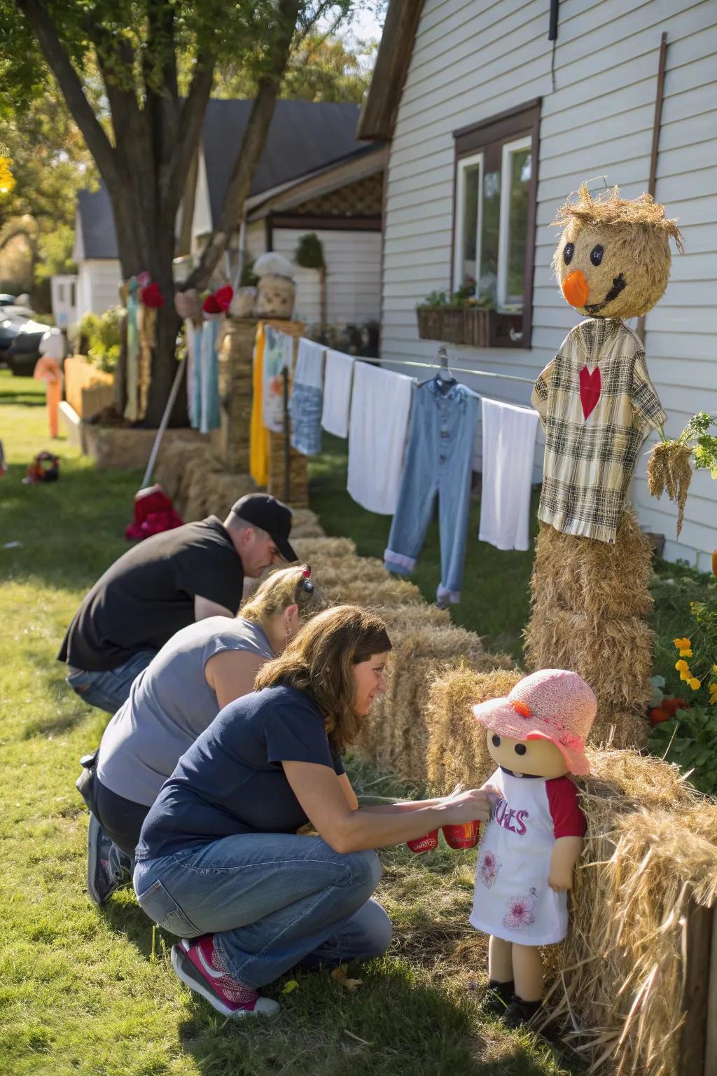 Families showcasing their creative scarecrow designs