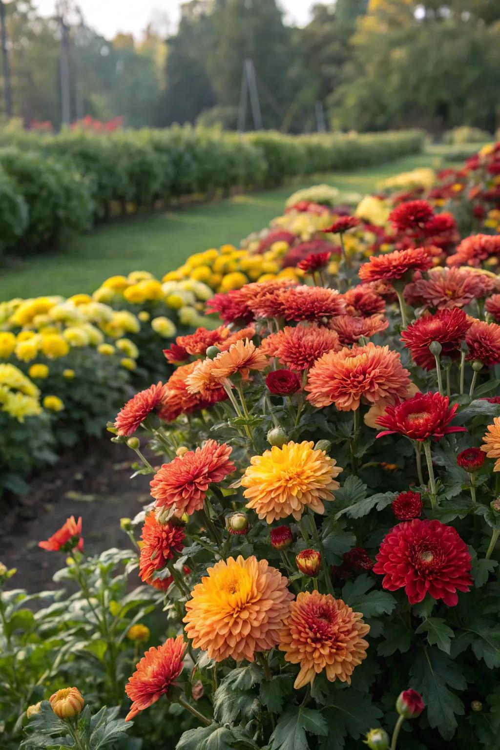 Chrysanthemums add a cheerful splash of color.