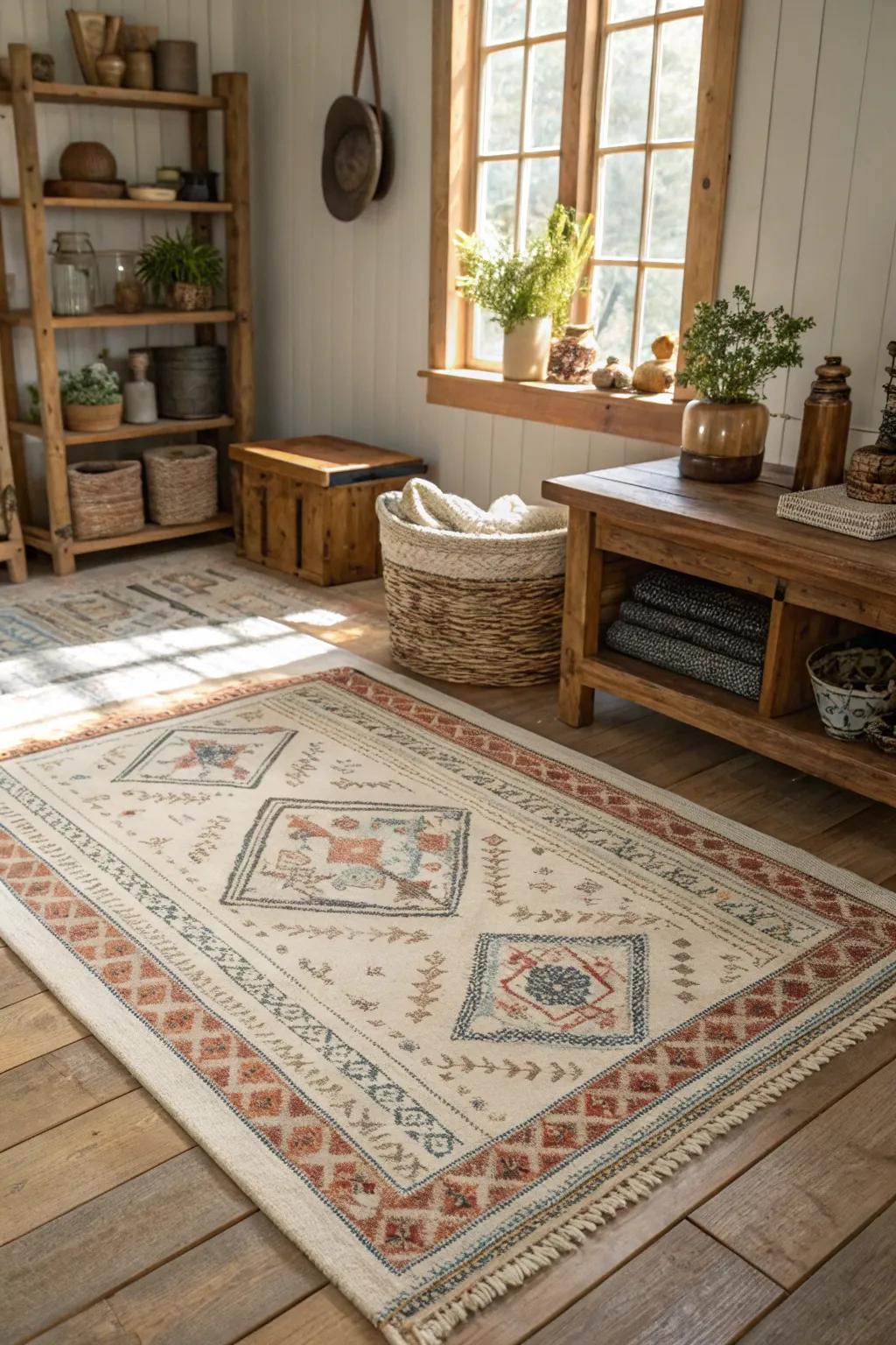 Layered rugs create depth and add personality to any room.