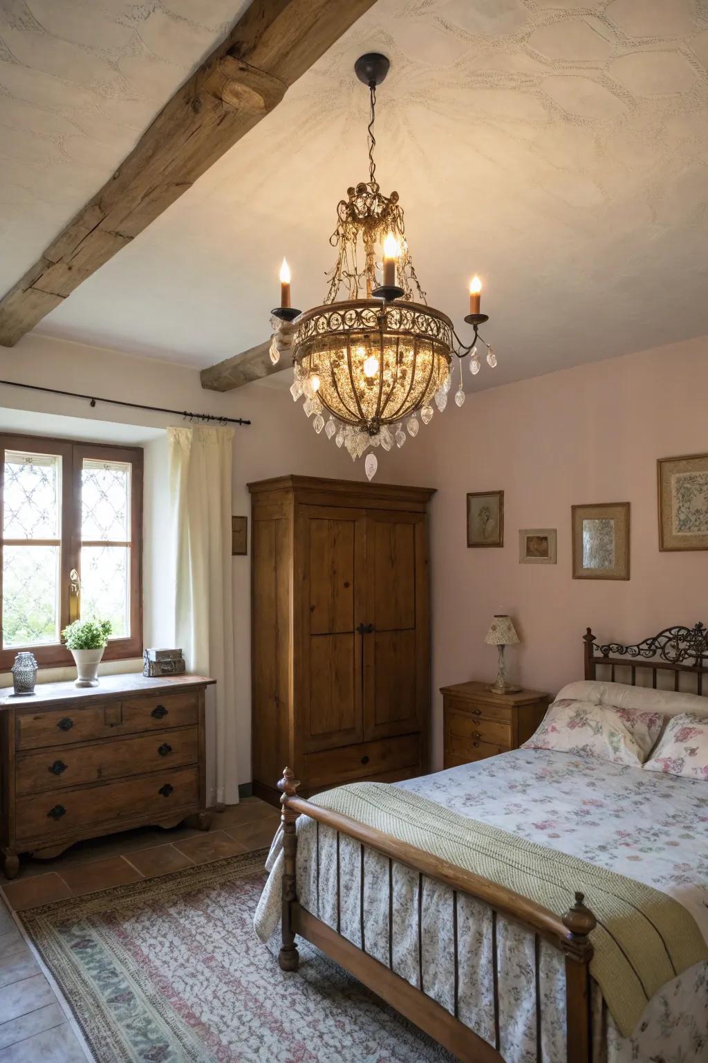 Vintage chandeliers lend an elegant glow to farmhouse bedrooms.