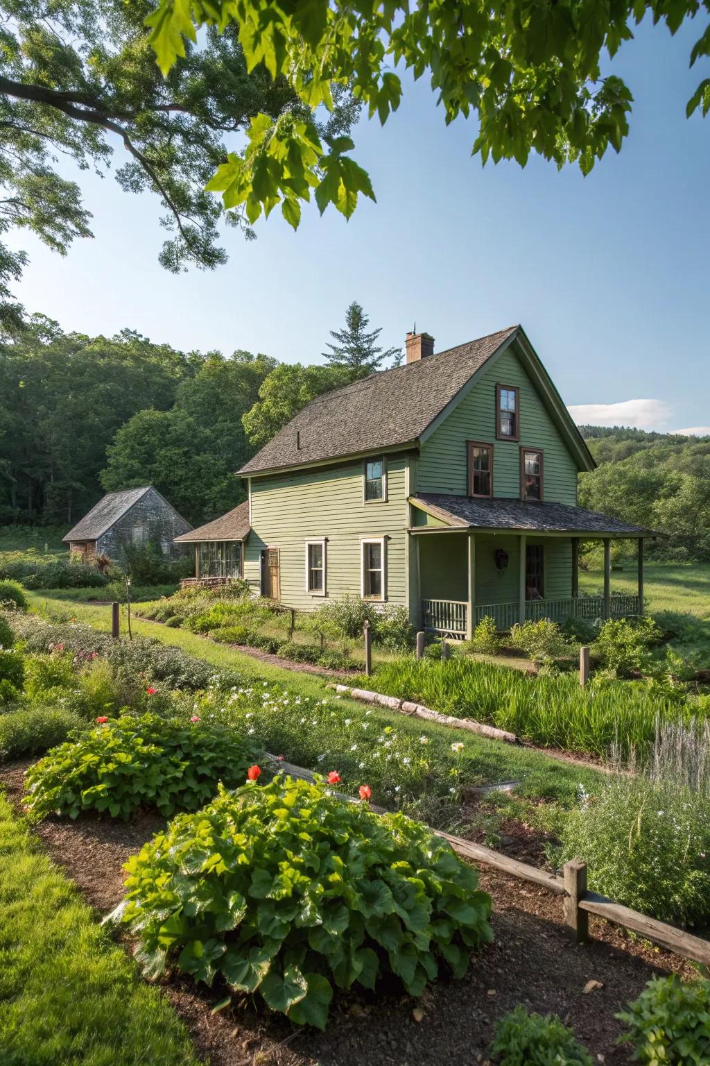 Earthy green farmhouse harmonizing with its natural surroundings.