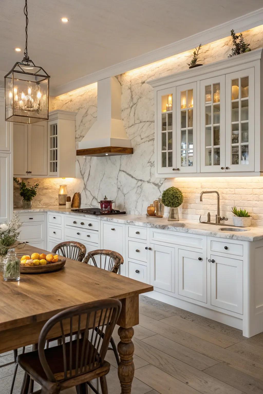 Refined alabaster patterns enhance class within this country-style kitchen that features white cabinets.