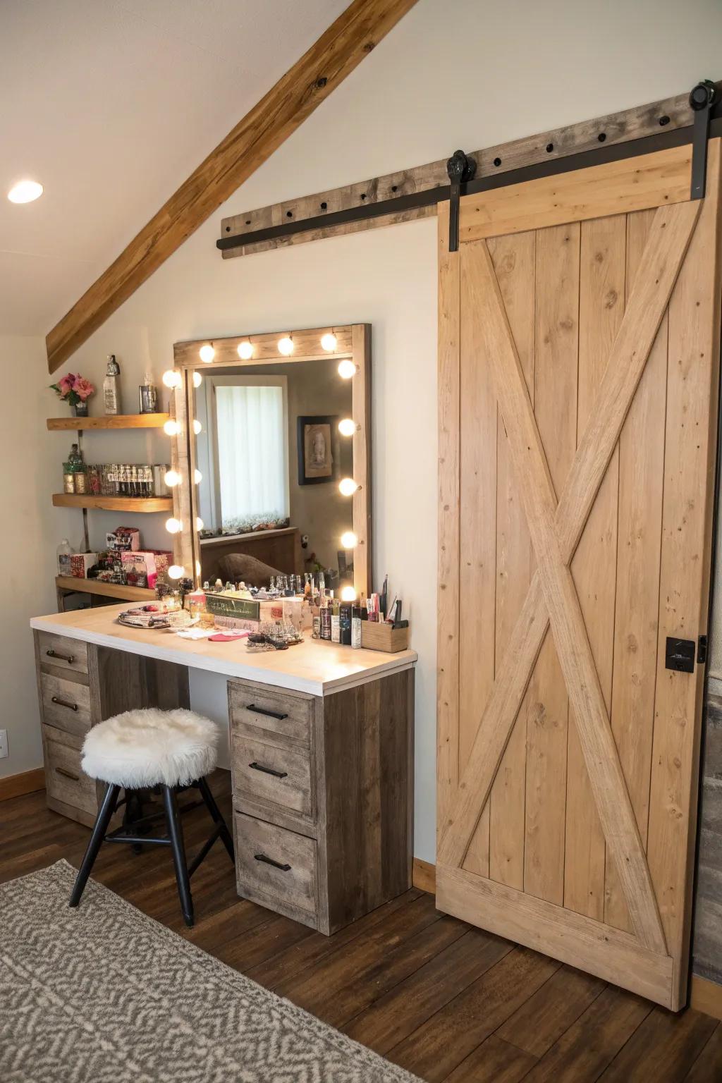 Sliding barn doors add rustic charm and practicality.