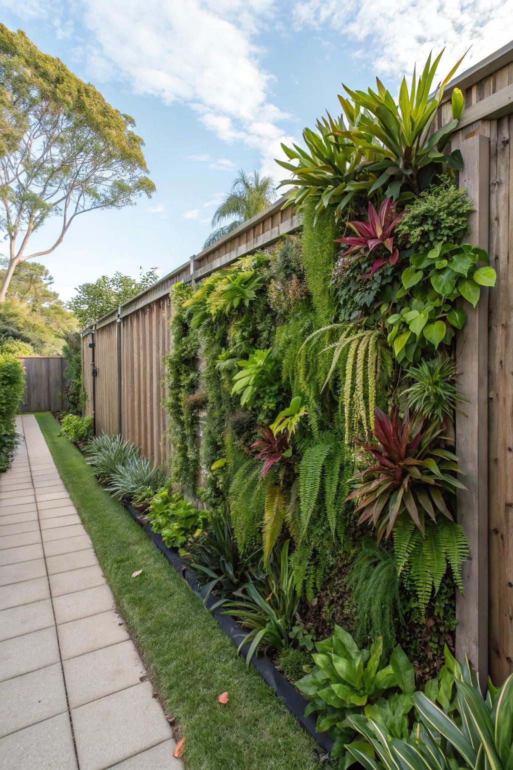 A living plant wall fence invites nature right into your backyard, creating a lively and refreshing ambiance.