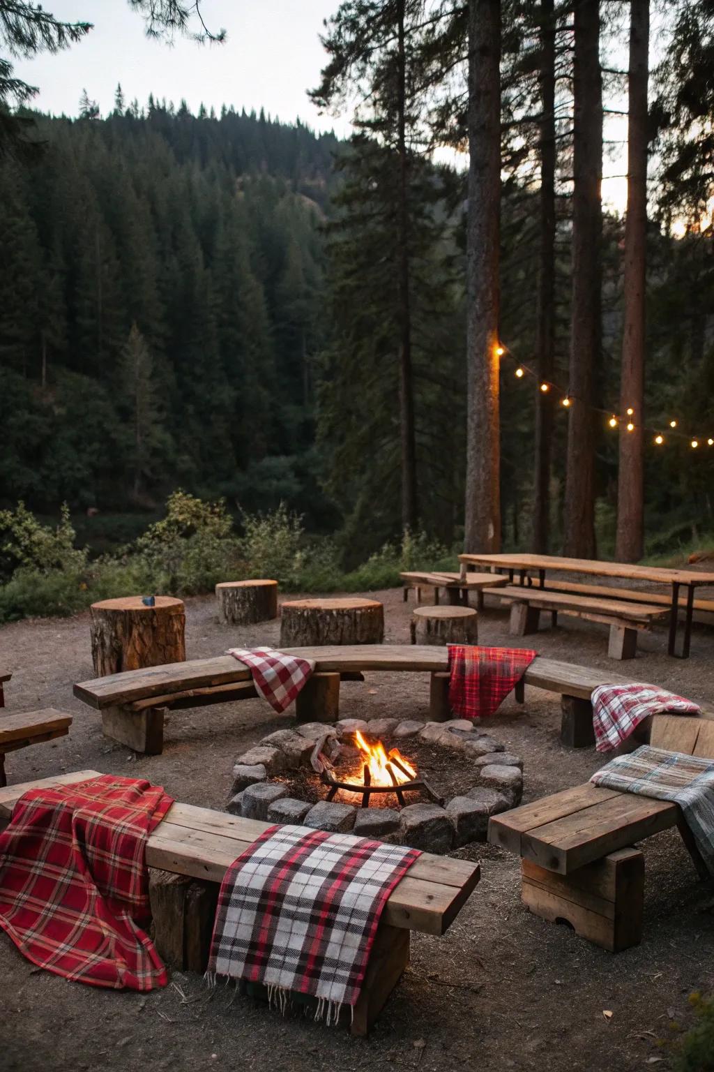 Rustic wooden benches add a nostalgic touch to your fire pit area.